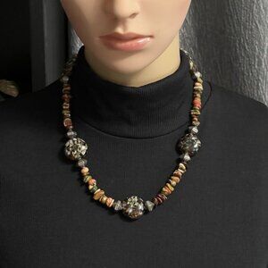 Vintage Bohemian Style Multicolor Glass and Stone Beaded Statement Necklace 19"